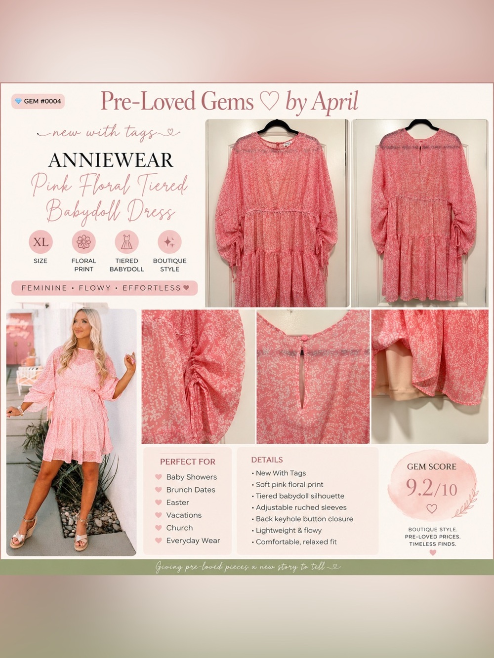 AnnieWear Pink Floral Tiered Babydoll Dress NWT Size XL